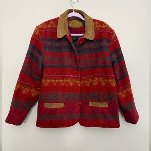 Vintage Woolrich Barn Coat Blanket Aztec Leather Collar Made in USA Women’s